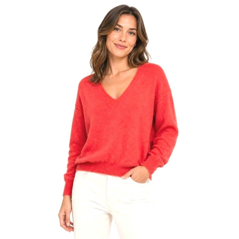 Free People Alpaca Blend V-Neck Sweater Coral Red Open Knit Size S oversized